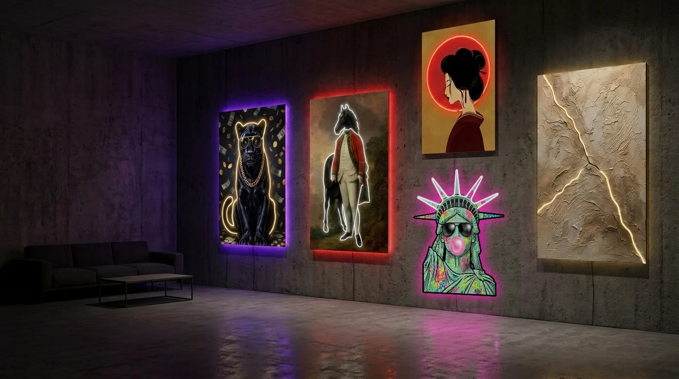 暗いコンクリートの展示室に、TokyoLEDstudioのLEDネオンアートパネル5点が掛かっているイメージ