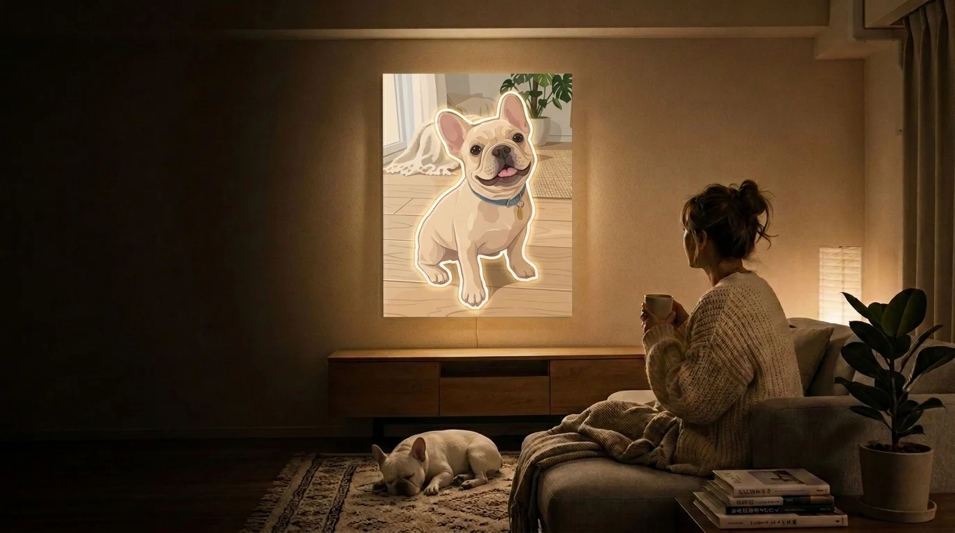 夜の部屋で、壁の愛犬のイラスト風のアートパネルが灯り、その下で本物の犬が眠っている