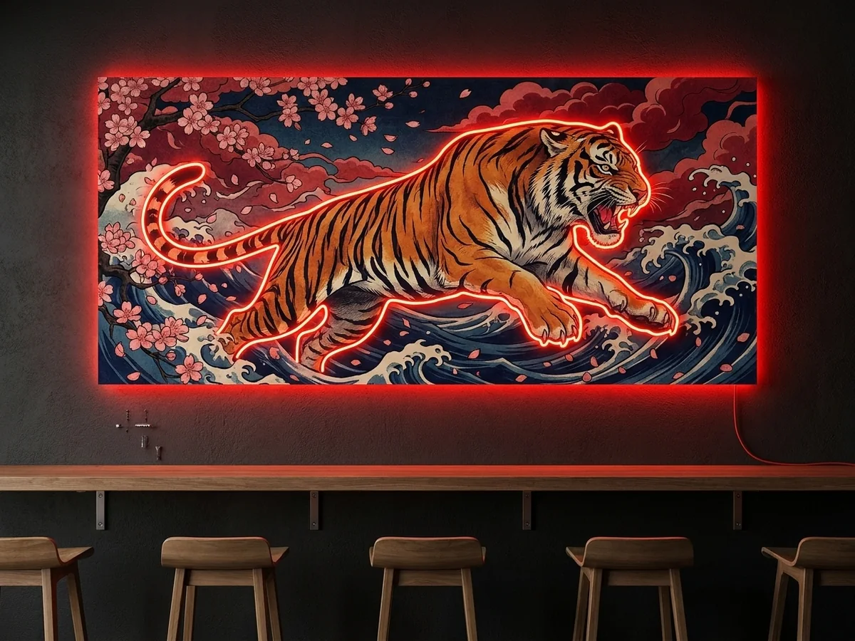Tiger — A tiger walking past waves and cherry blossom, neon wall art panel