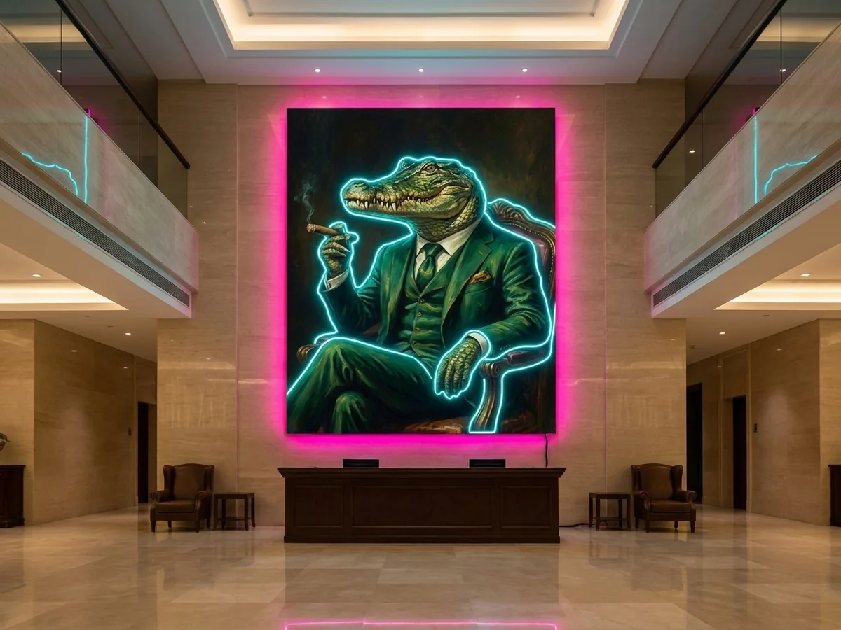 Croc — A crocodile in a suit, cigar in hand, neon wall art panel