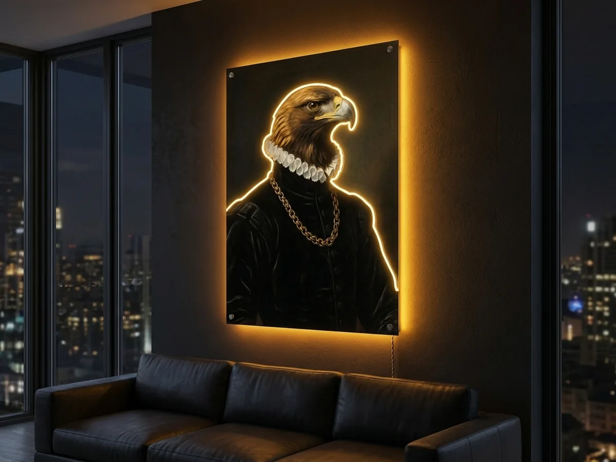 Eagle — An eagle in profile, strung with pearls, neon wall art panel