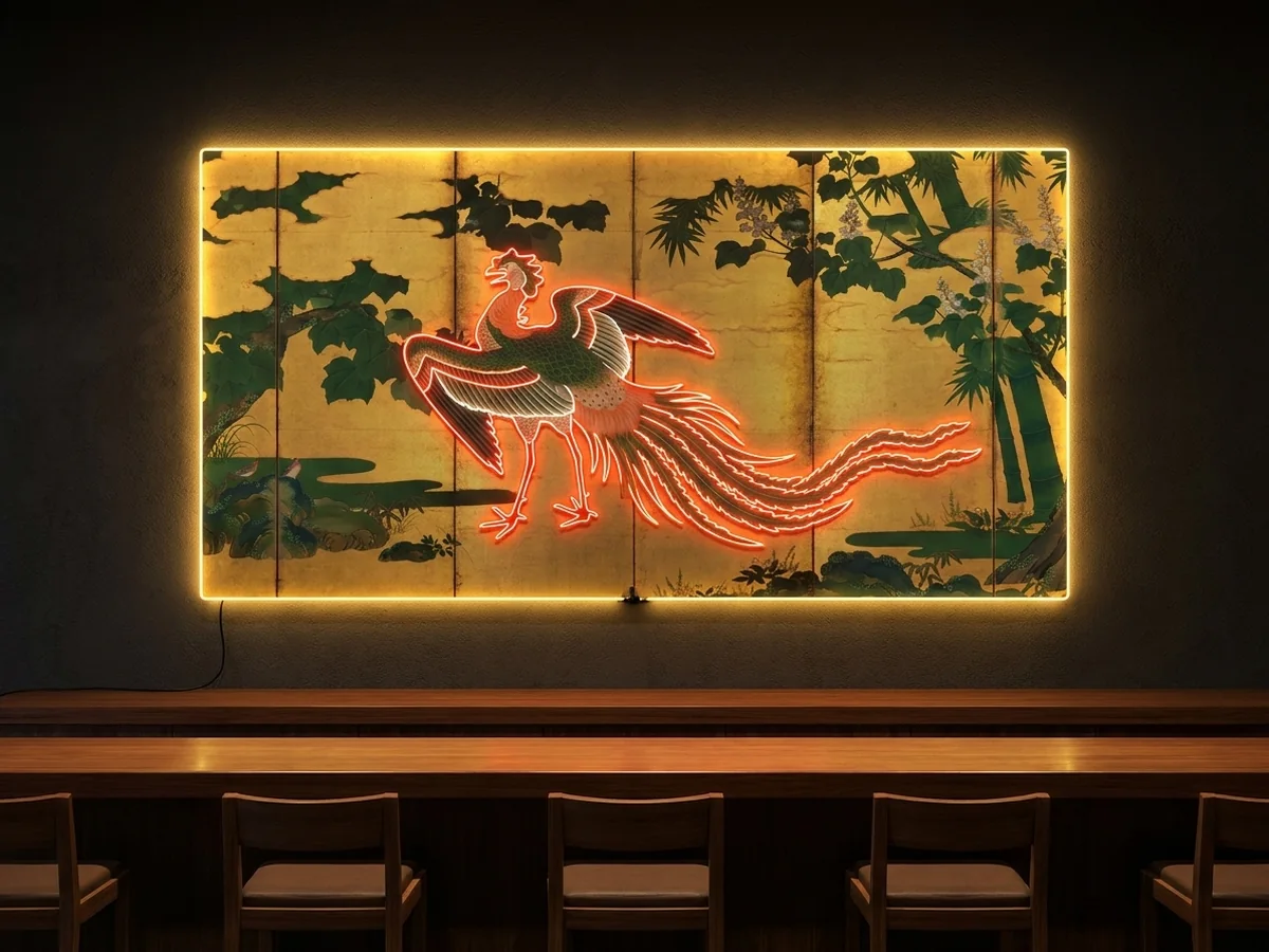 Phoenix — A red phoenix crossing a gold folding screen, creases and all, neon wall art panel