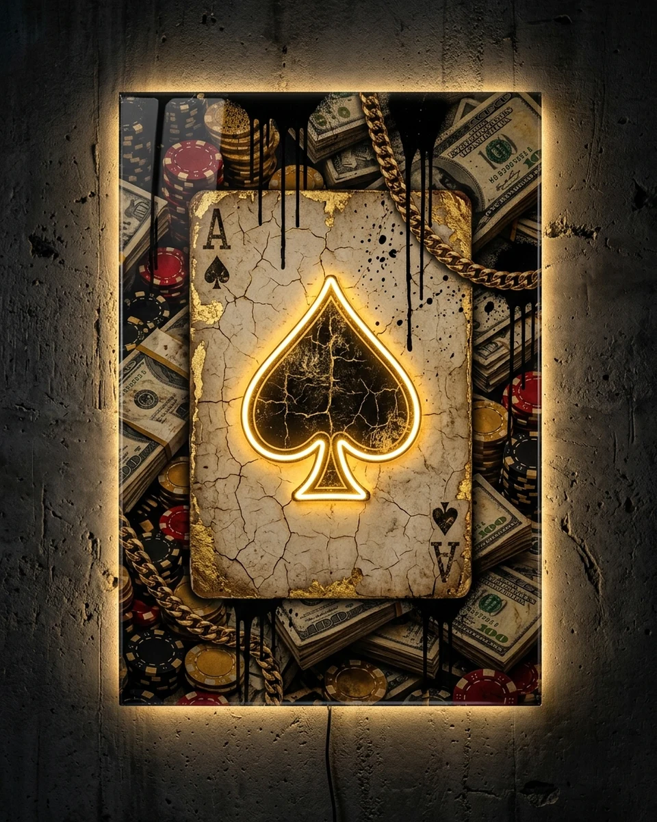 Ace — A giant ace of spades, cracked and gilded, surrounded by cash and chips, neon wall art panel