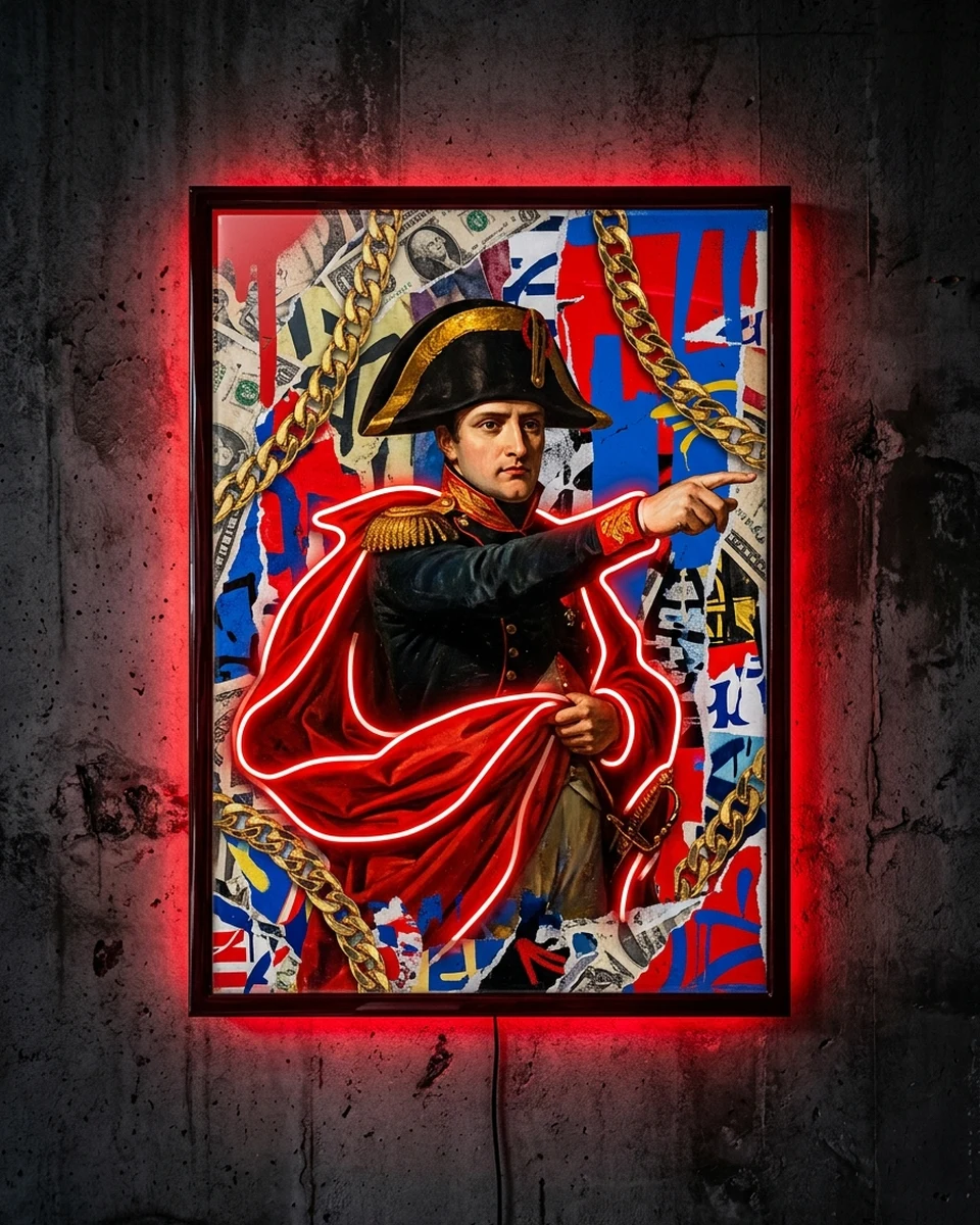 Napoleon — The emperor crossing the Alps, piled with banknotes and gold chains, neon wall art panel