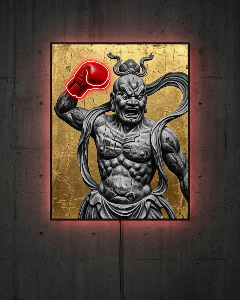 Nio — Todai-ji's Nio guardian in black and white on cracked gold leaf, neon wall art panel