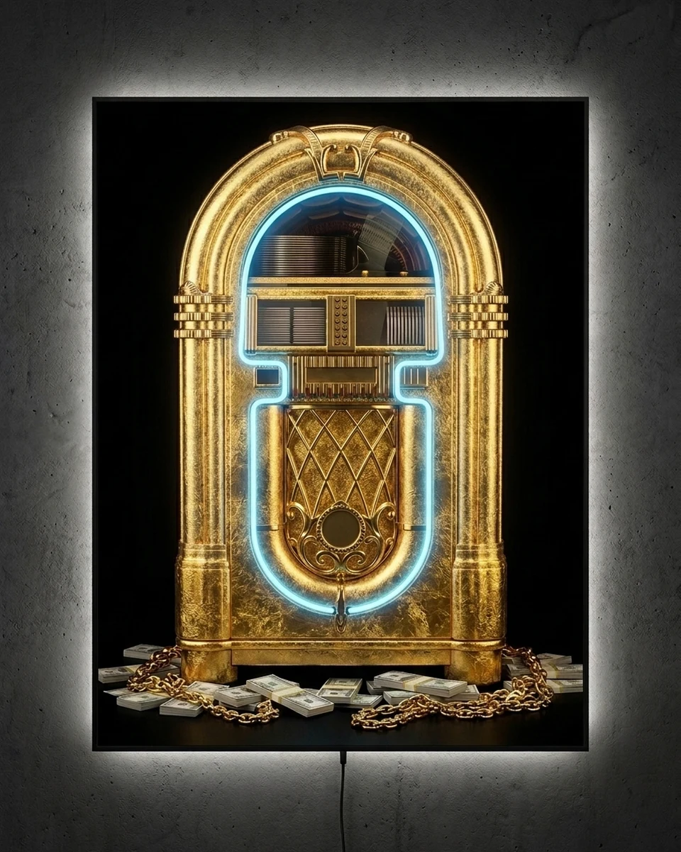 Gold Record — A vintage jukebox covered in gold leaf, cash and gold chains spilling at its feet, neon wall art panel