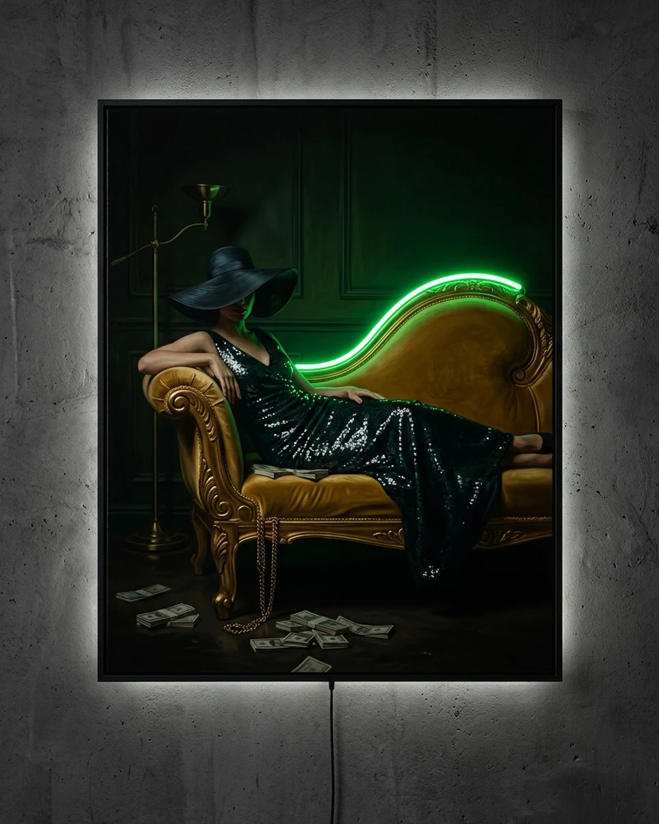 Velvet Hour — In a dark green room, a woman in sequins and a wide-brimmed hat reclines on a gold velvet chaise, cash on the floor, a gold chain on its leg, neon wall art panel