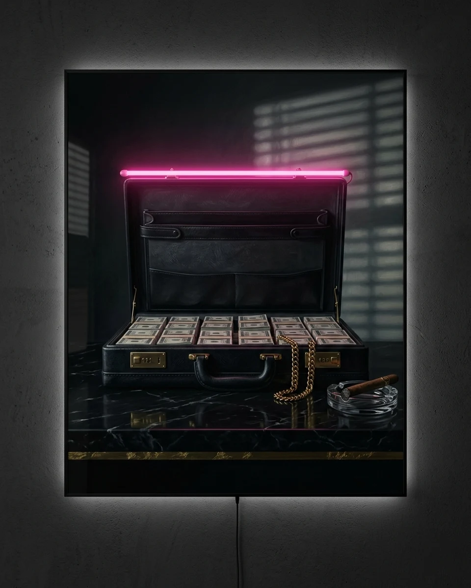 The Deal — An open briefcase packed with cash on a black marble desk, a gold chain at its side, a cigar in the ashtray, light through the blinds, neon wall art panel
