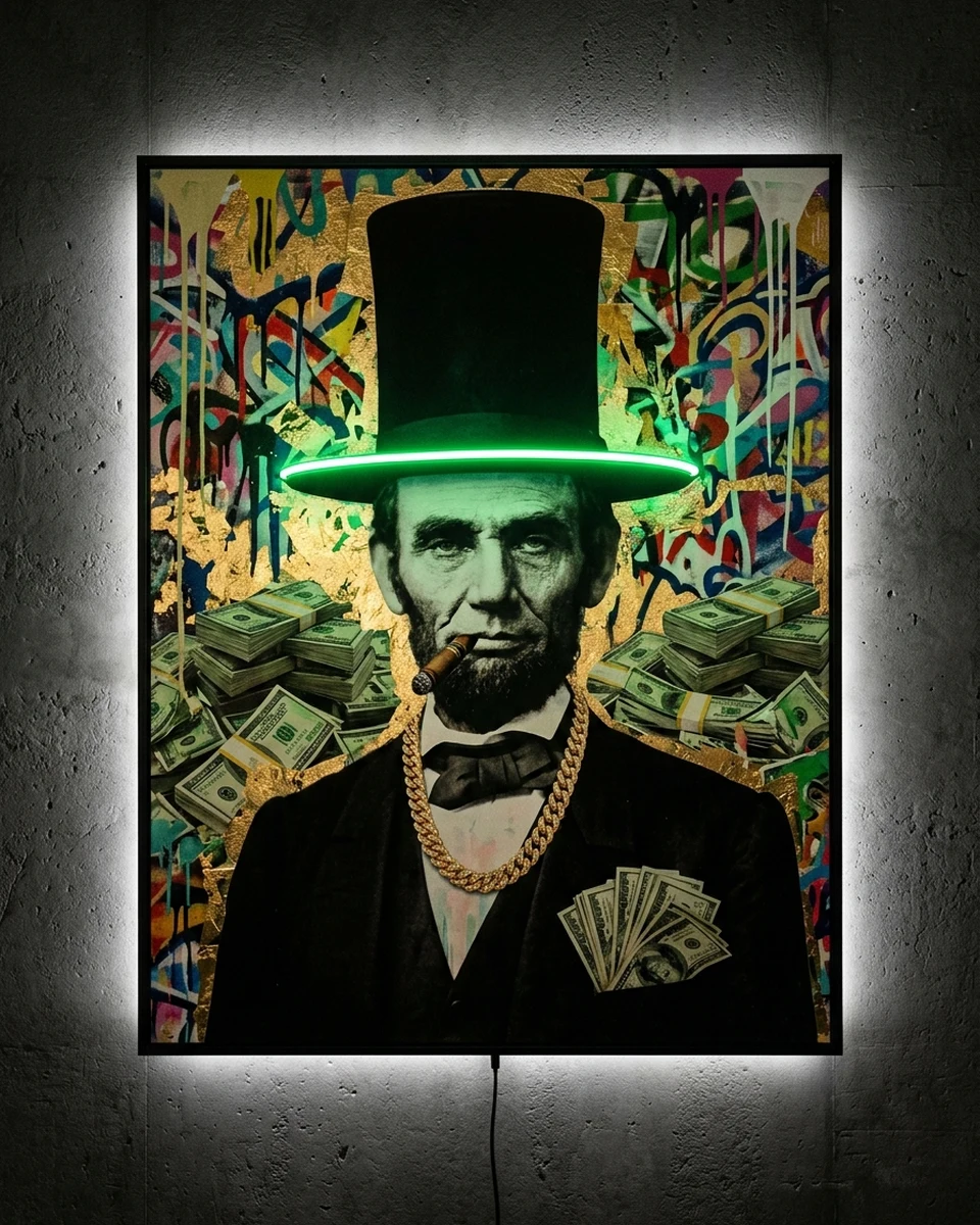 Honest Abe — Abraham Lincoln in his stovepipe hat with a heavy gold chain, a cigar and cash in his breast pocket, packed in stacks of money, gold leaf and loud graffiti, neon wall art panel