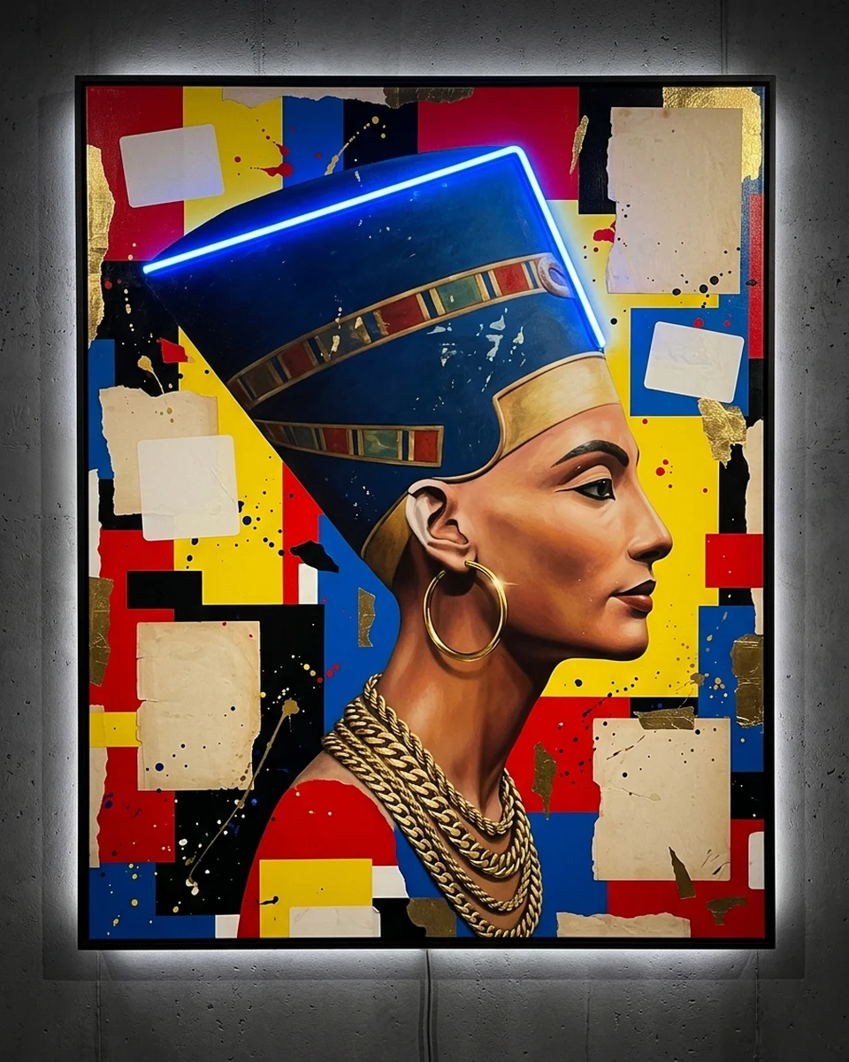 Nefertiti — The bust of Queen Nefertiti in profile, stacked in heavy gold chains with big gold hoops, set in bold primary-color blocks and torn paper, neon wall art panel