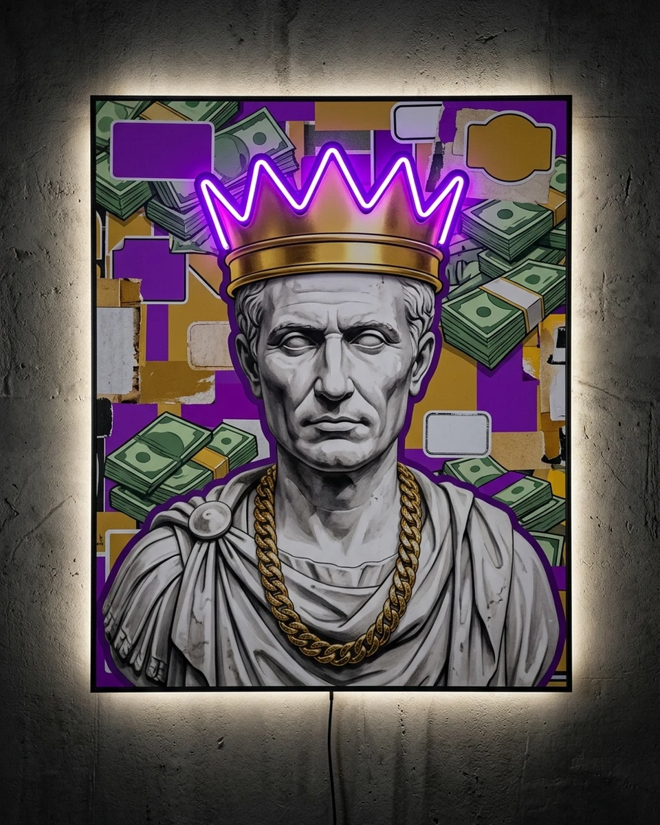 Caesar Cash — The marble bust of Julius Caesar in a gold crown and a heavy gold chain, over purple and gold blocks packed with cash stacks and stickers, neon wall art panel