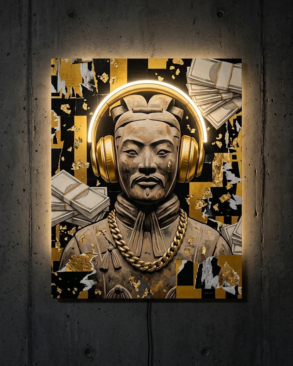 Terracotta Drop — A terracotta warrior from the chest up, wearing big gold headphones and a heavy gold chain, over black and gold blocks packed with cash stacks, gold leaf and stickers, neon wall art panel