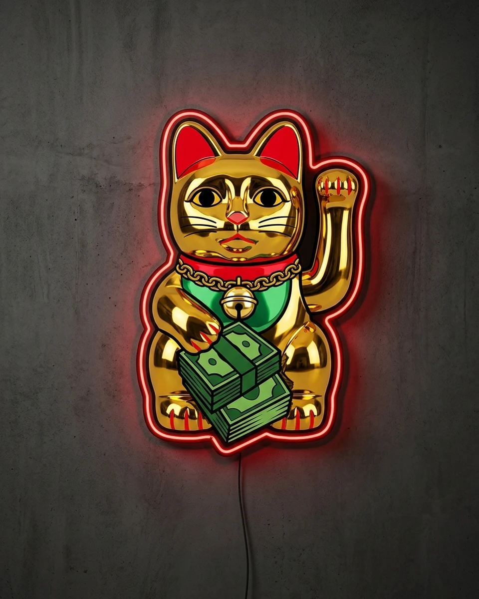 Lucky Cat Cash — A maneki-neko lucky cat with one paw raised, painted in gold chrome and hugging a thick stack of dollar bills instead of a gold coin, with a red collar, a bell and a heavy gold chain, neon wall art panel