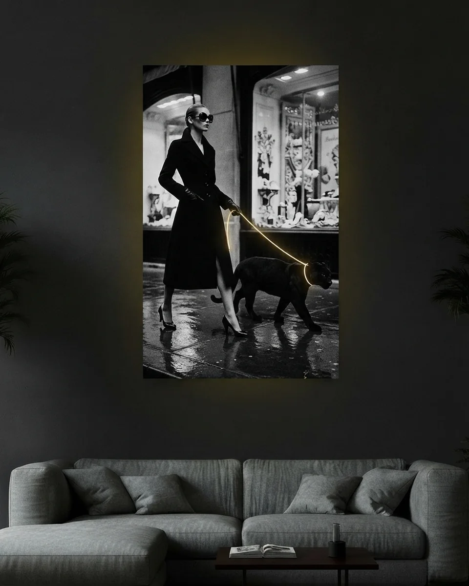 Panther Lead — A woman walking a panther through a black-and-white street, neon wall art panel
