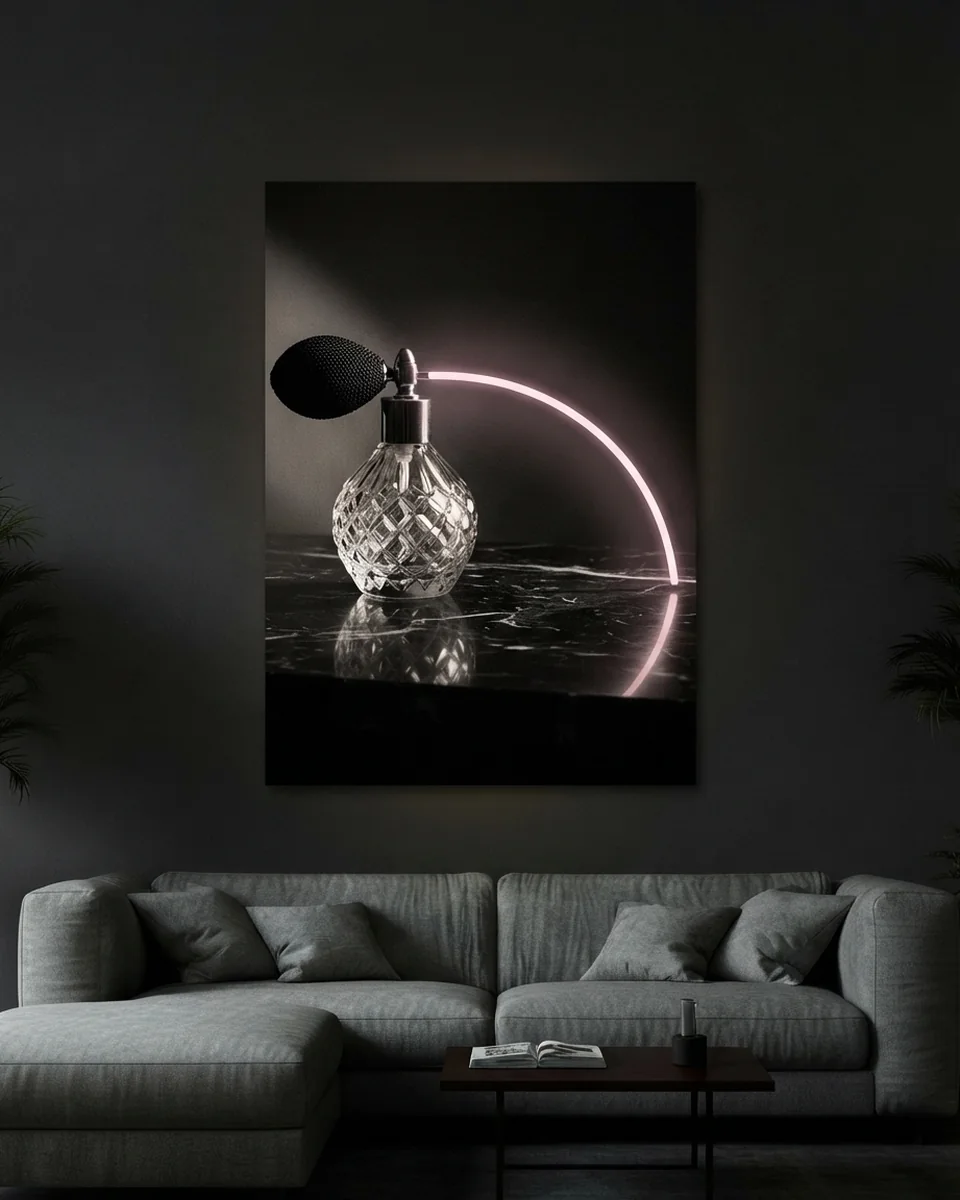 Perfume — A white line arcing around a bottle, neon wall art panel