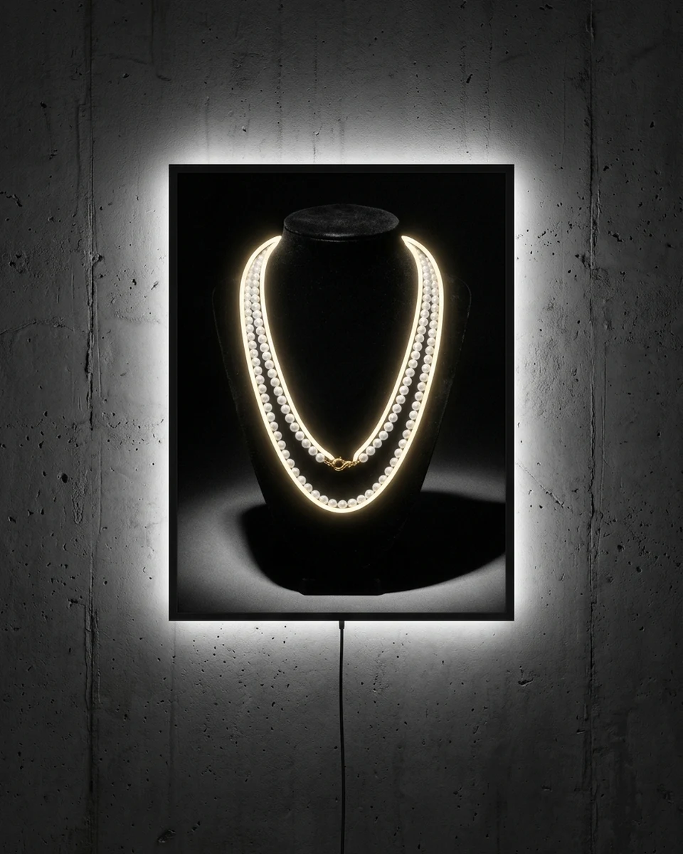 Pearls — A black-and-white jewelry shot: two strands of pearls on black velvet, neon wall art panel