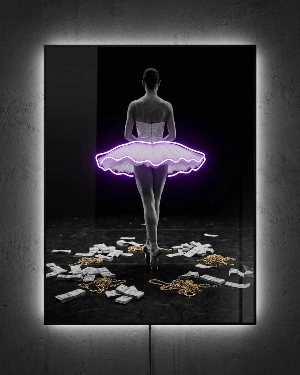 Prima — A ballerina on pointe, seen from behind on a dark stage scattered with cash and gold chains, neon wall art panel