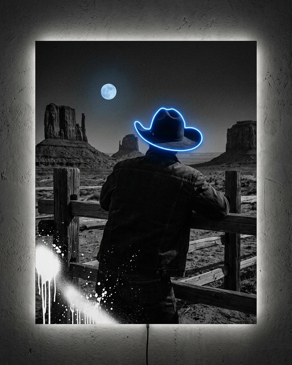Lone Rider — A cowboy leaning on a ranch fence under a full desert moon, in black and white, neon wall art panel