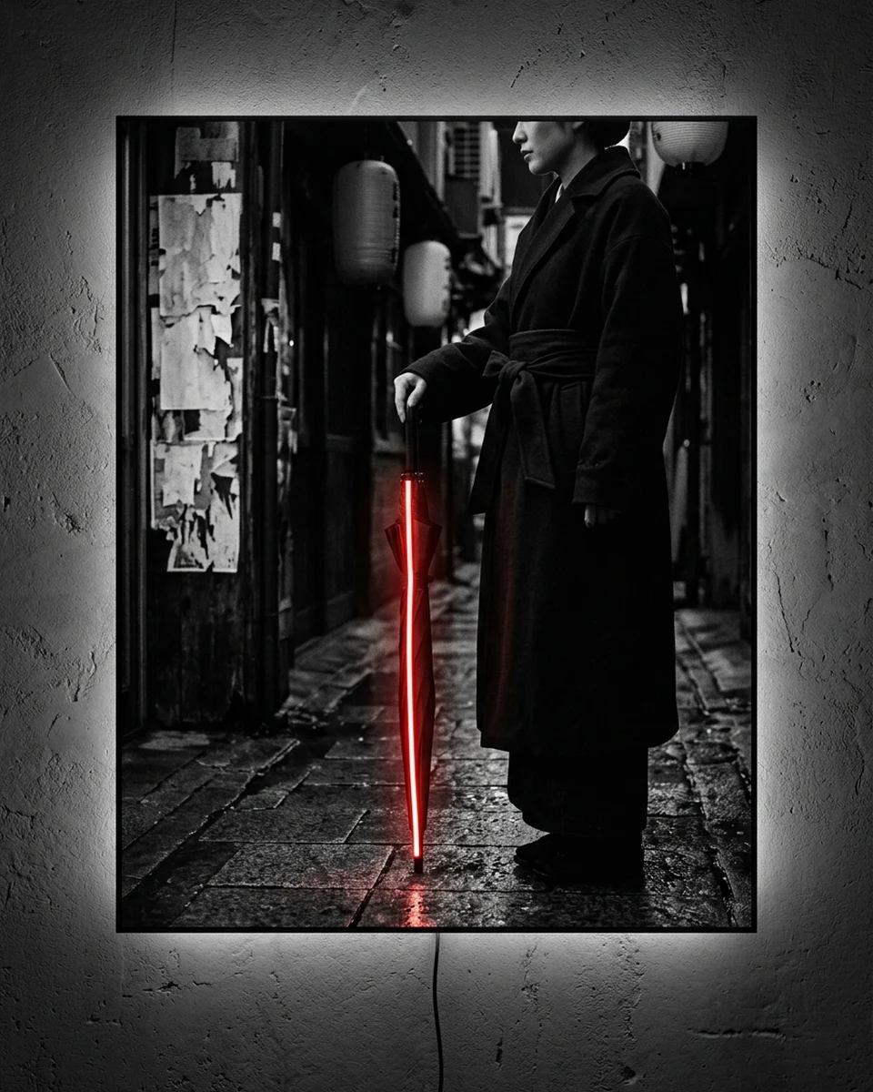 Closed Umbrella — A woman in a long black coat tied with an obi stands alone in a wet Tokyo alley after the rain, leaning on a closed umbrella, shot like a black-and-white film still, neon wall art panel