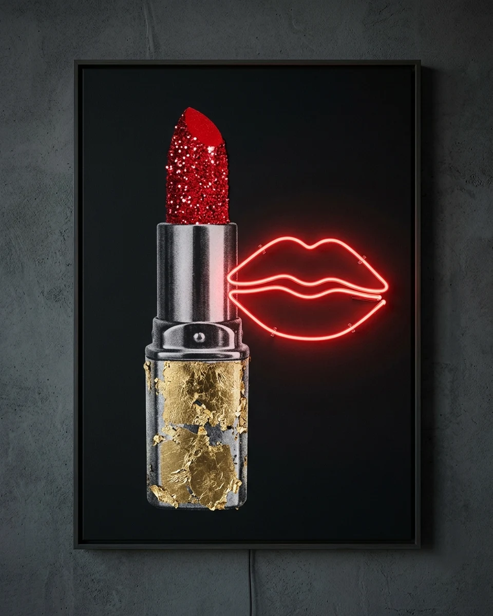 Red Glitter Kiss &mdash; A big lipstick painted like a grainy black-and-white old Hollywood photograph, neon wall art panel