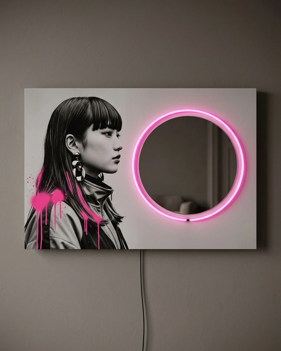 Harajuku Mirror &mdash; A Harajuku street-style woman in black-and-white profile, facing a real round mirror set into the panel, neon wall art panel