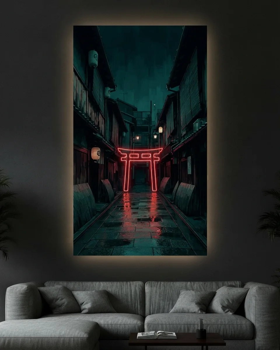 Torii Lane — A red torii at the end of a wet lane, neon wall art panel