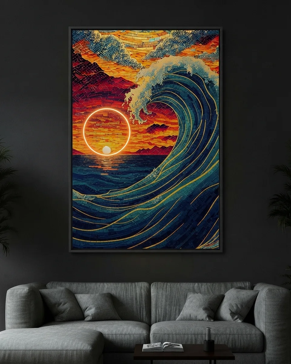 Great Wave — A great wave and the sun beyond it, neon wall art panel