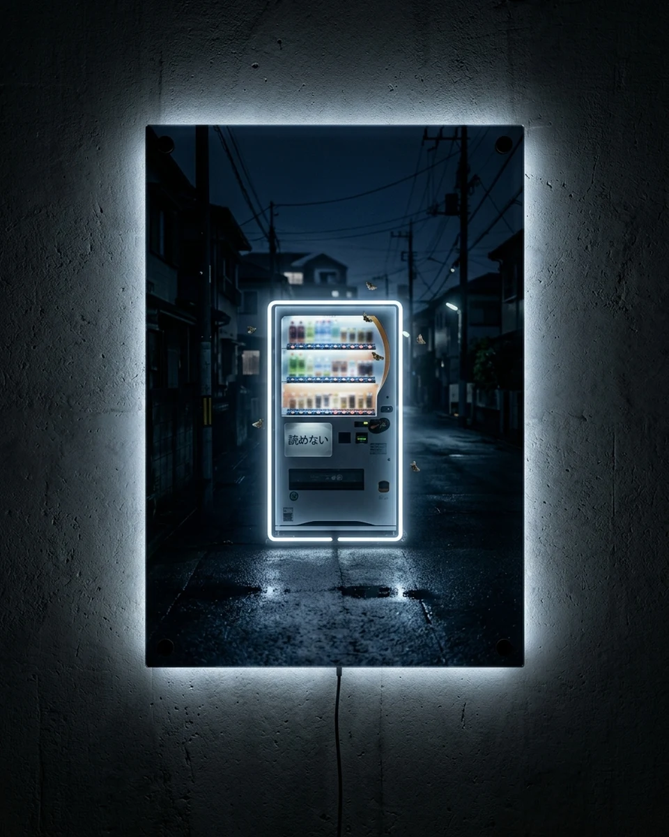 24H — One vending machine on an empty street, awake all night, neon wall art panel