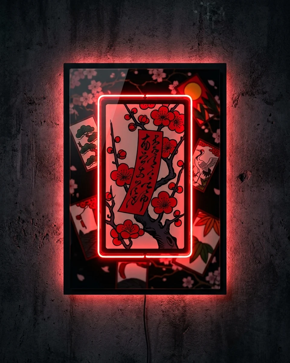 Koi-Koi — One hanafuda card: plum blossoms and a red ribbon, neon wall art panel