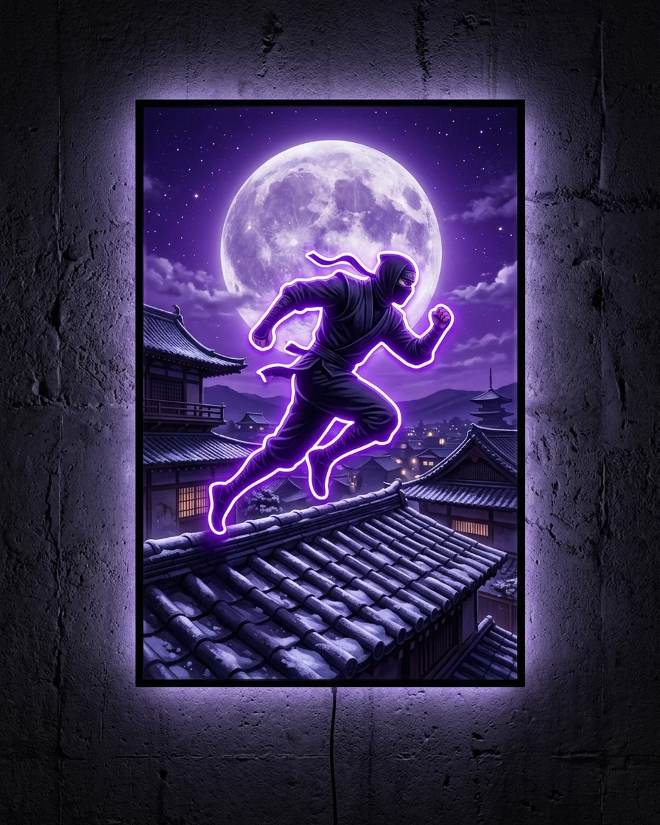 Shadow Run — A ninja across moonlit rooftops, neon wall art panel