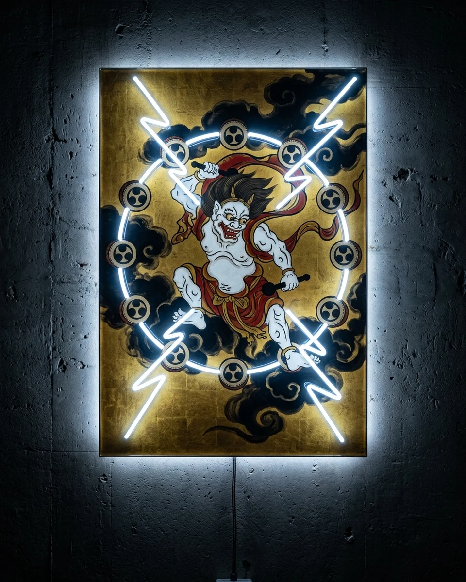 Raijin — The thunder god leaps off a gold folding screen, neon wall art panel