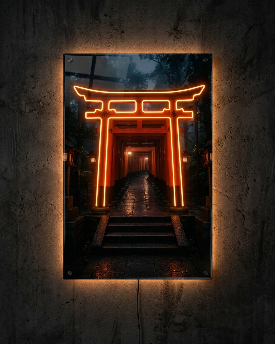 Thousand Gates — Vermilion gates running into a rainy night, neon wall art panel
