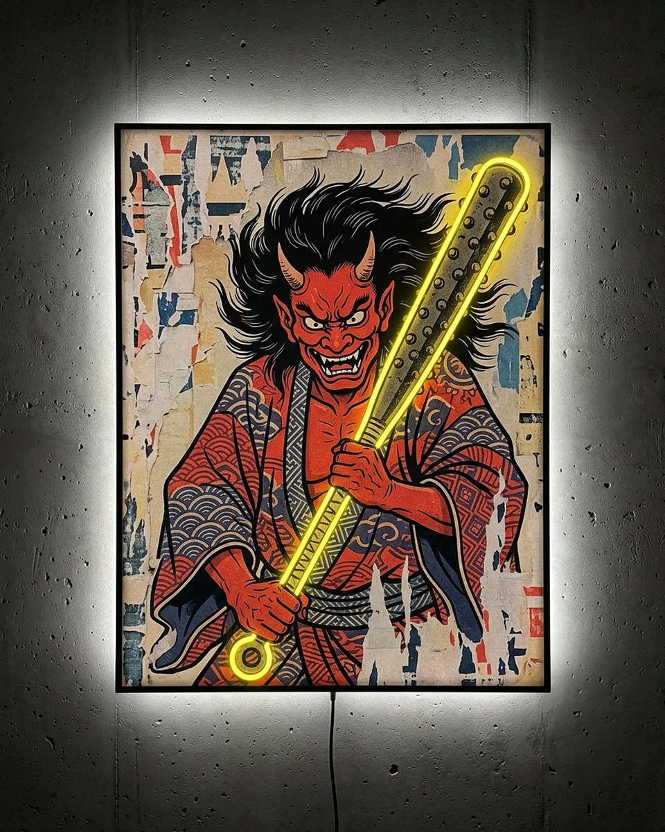 Red Oni — A grinning red oni demon in ukiyo-e woodblock style, gripping a studded iron club over torn layered posters, neon wall art panel