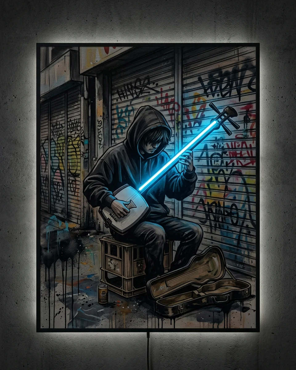 Shamisen Street — A young man in a hoodie plays shamisen on a crate in a shuttered Japanese arcade at night, graffiti on the shutters behind him, neon wall art panel