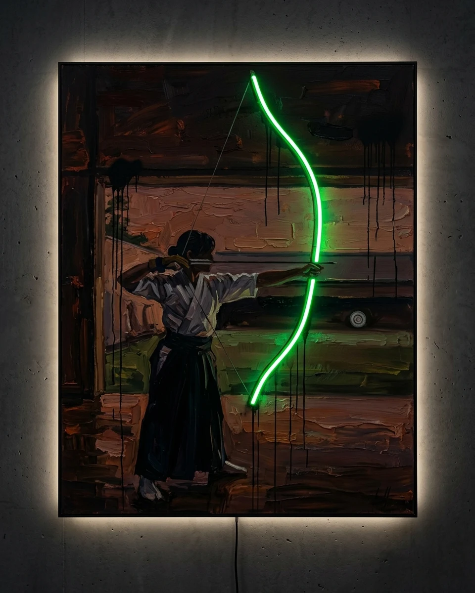 Kyudo — A wooden archery hall at sunset, in thick oil: an archer in hakama at full draw, a target beyond, neon wall art panel