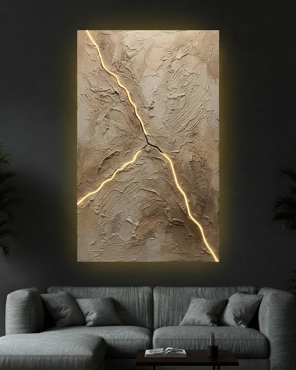 Kintsugi — One gold line through the break, neon wall art panel