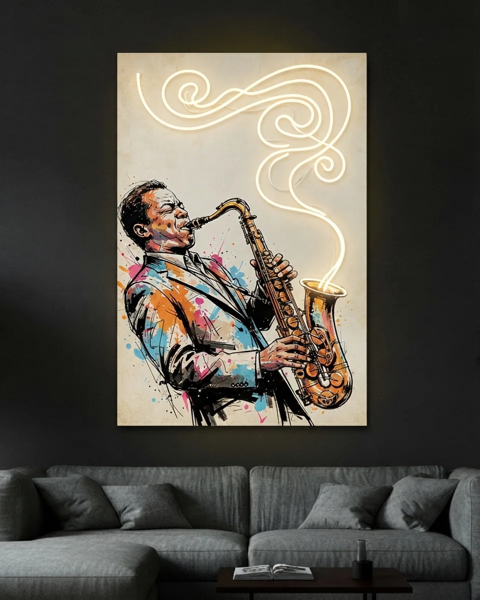Jazz — A saxophone and the white spiral rising off it, neon wall art panel