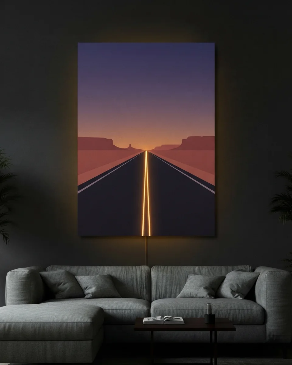 Desert Road &mdash; A road at dusk, neon wall art panel