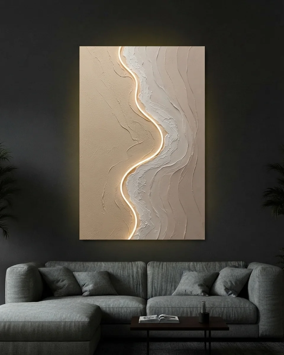Shore — One white line following the grain of the sand, neon wall art panel