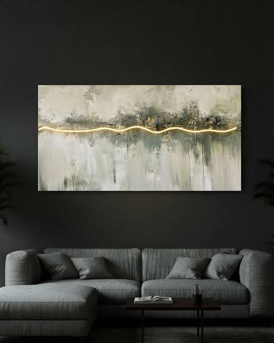 Golden Horizon — One gold line dividing the panel, neon wall art panel