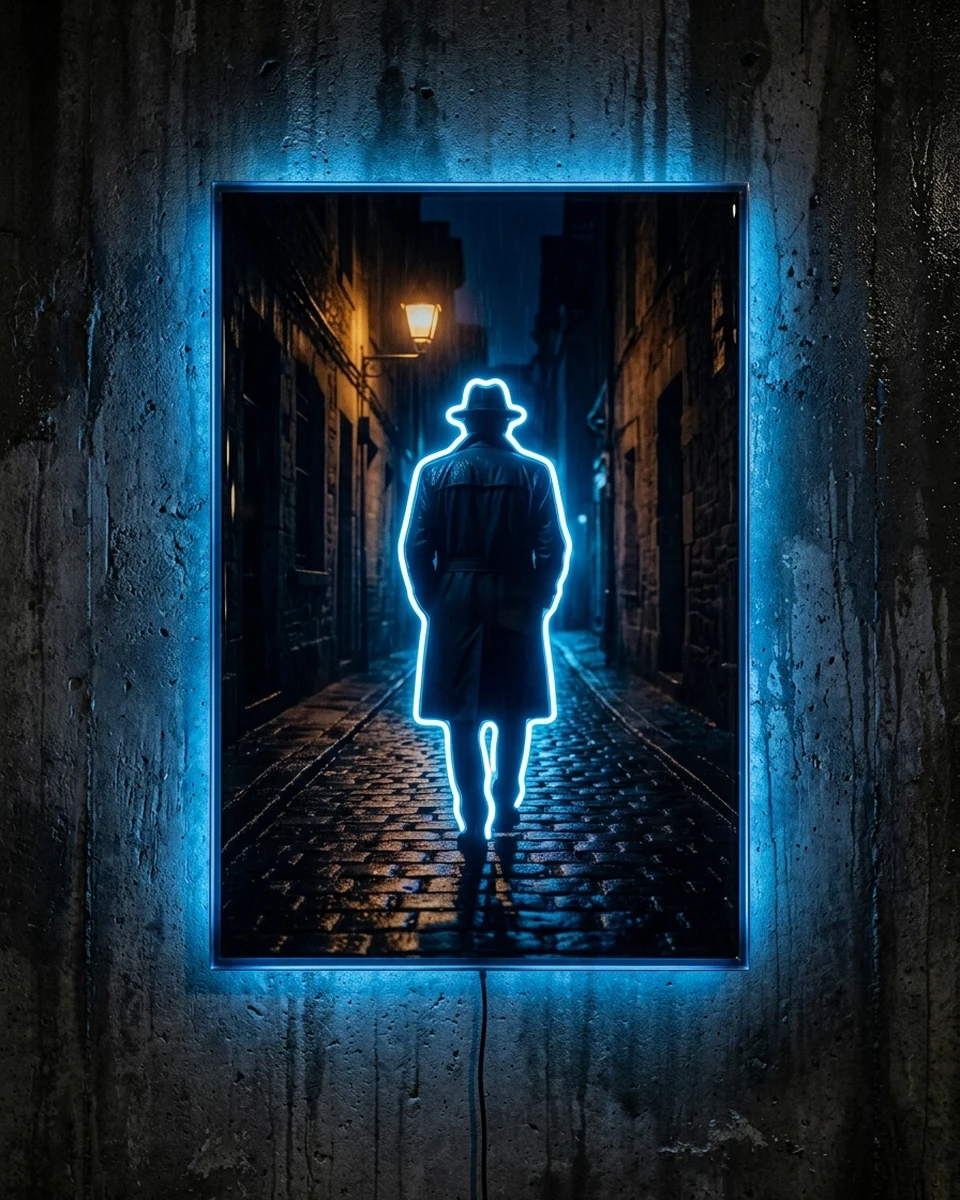 After Rain — A lone figure in a wet alley after the rain, neon wall art panel