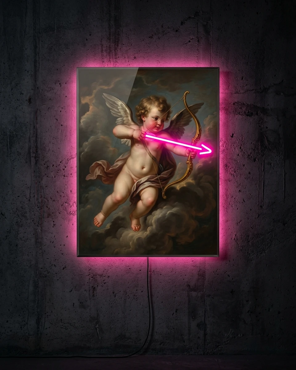 Cupid's Last Shot — A baroque cherub draws his bow, neon wall art panel