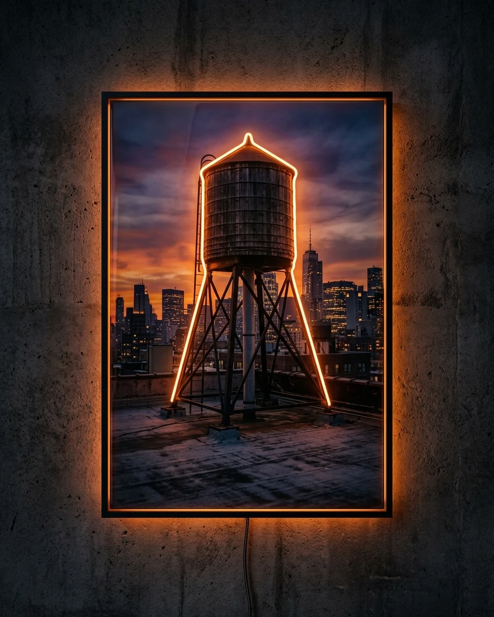 Water Tower — A New York rooftop water tower at dusk, neon wall art panel