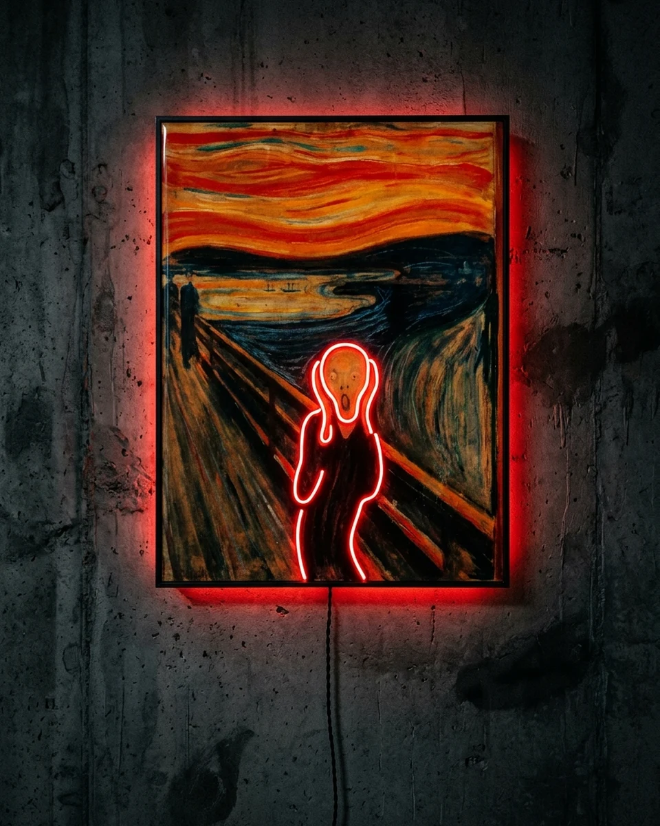 Monday Scream &mdash; The most famous scream in art, under an orange sky, neon wall art panel