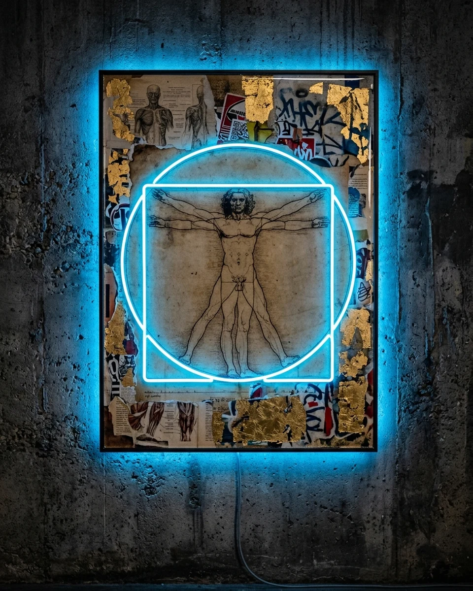 Vitruvian &mdash; The famous drawing of human proportions, over torn book pages and stickers, neon wall art panel