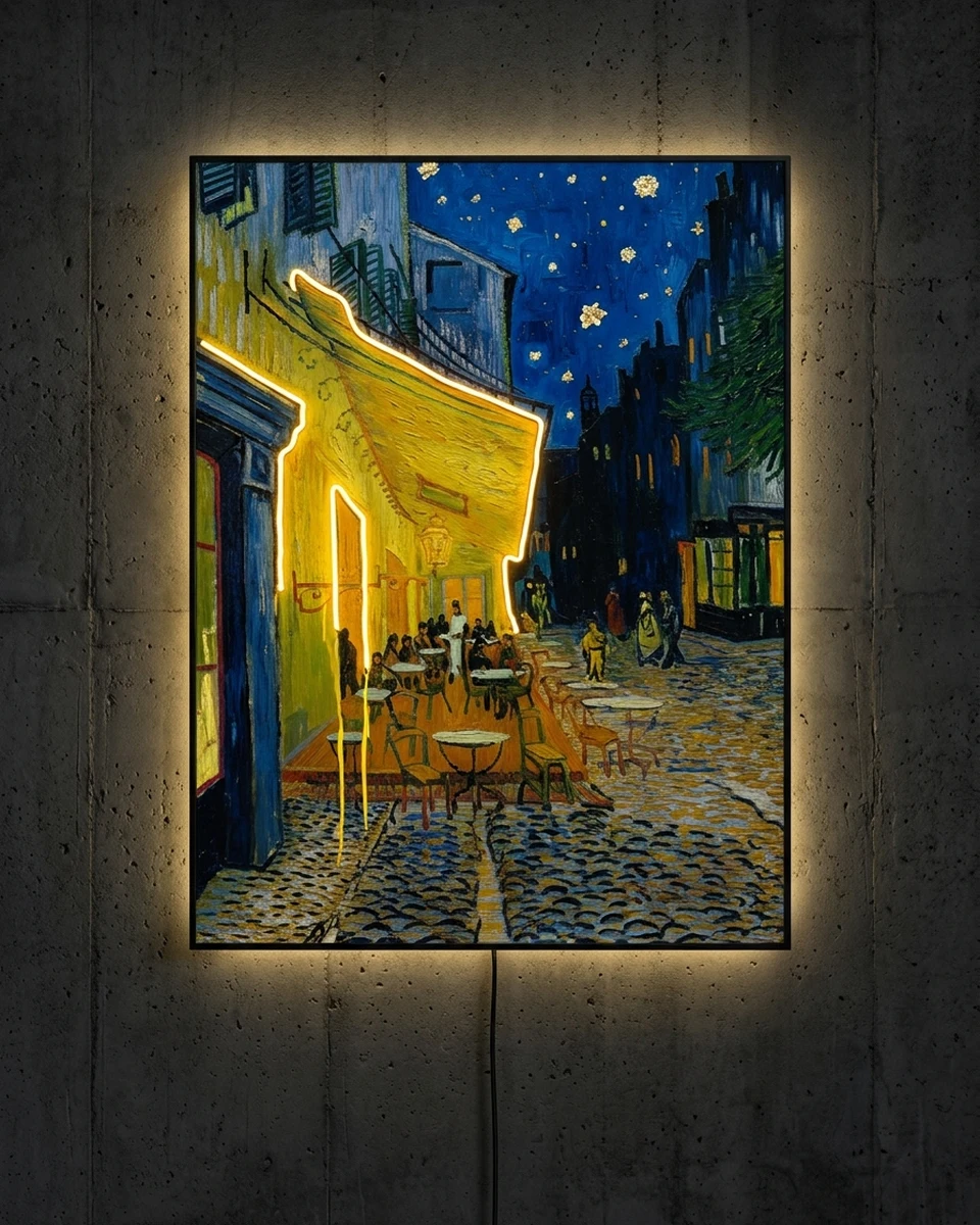 Night Terrace &mdash; Van Gogh's Café Terrace at Night, repainted in thick strokes with gold-leaf stars, neon wall art panel