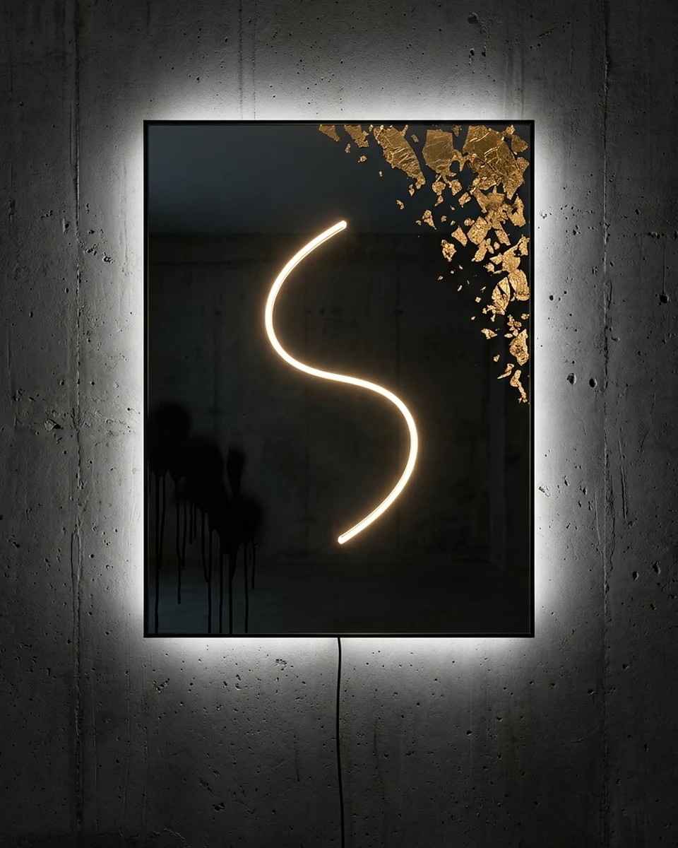 Gold Mirror &mdash; A smoked mirror with torn gold leaf falling from one corner and black drips at the other, neon wall art panel