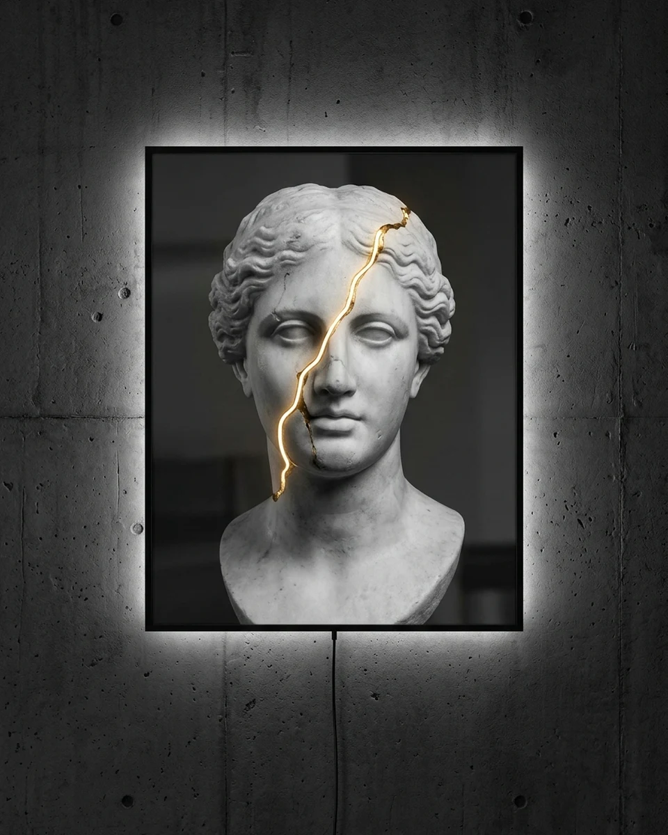 Kintsugi Venus &mdash; A white marble goddess with a crack across her face, mended in gold the Japanese kintsugi way, neon wall art panel