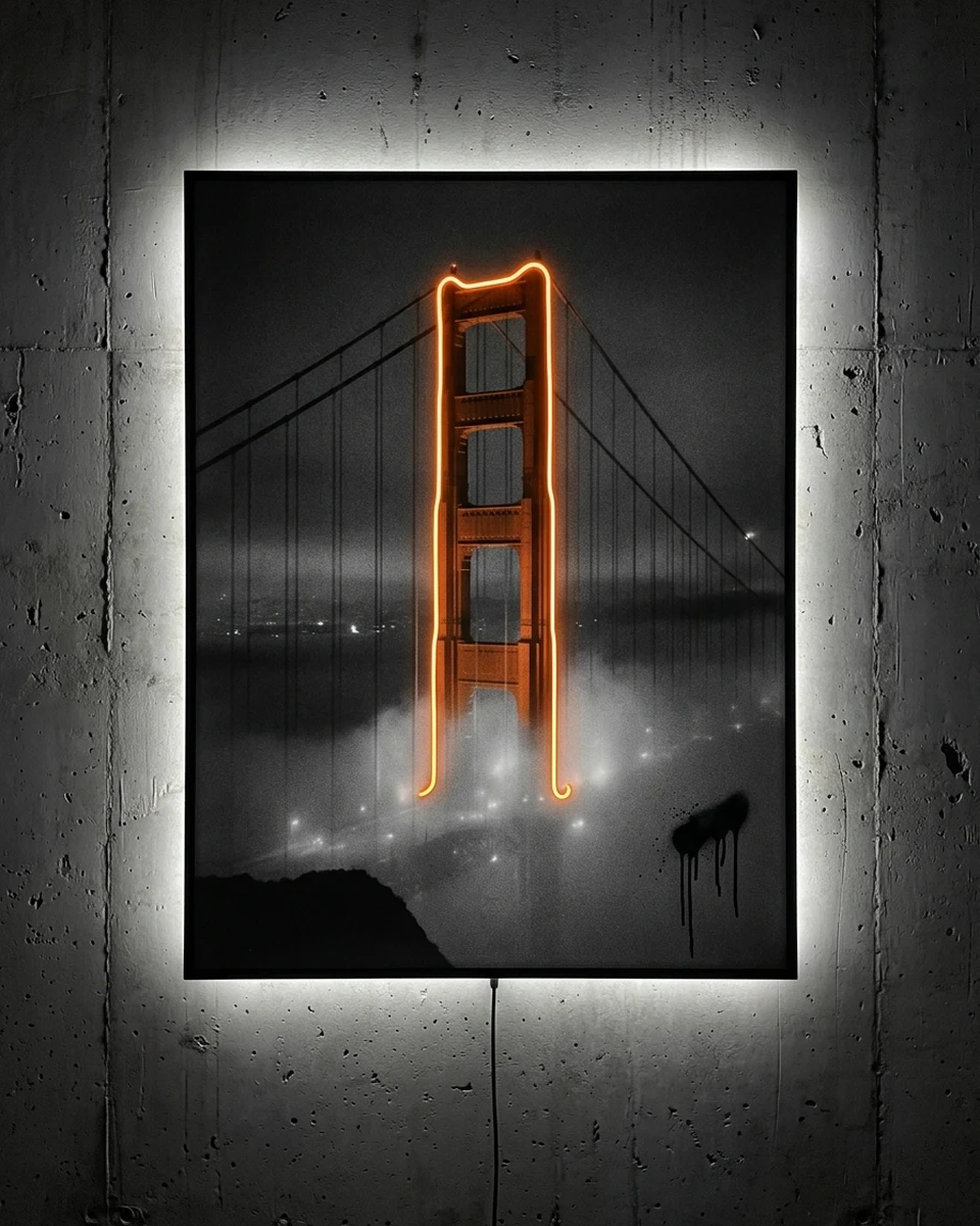 Fog Bridge — A black-and-white night: one orange suspension bridge tower rising out of thick fog over the bay, neon wall art panel
