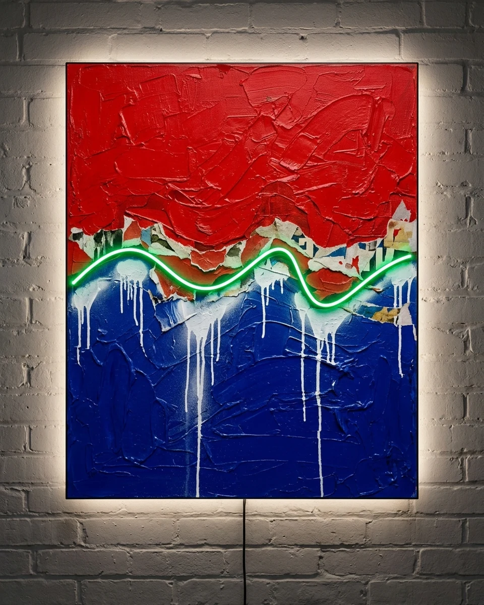 Fault Line — Thick red and ultramarine paint collide over torn paper and white drips, neon wall art panel